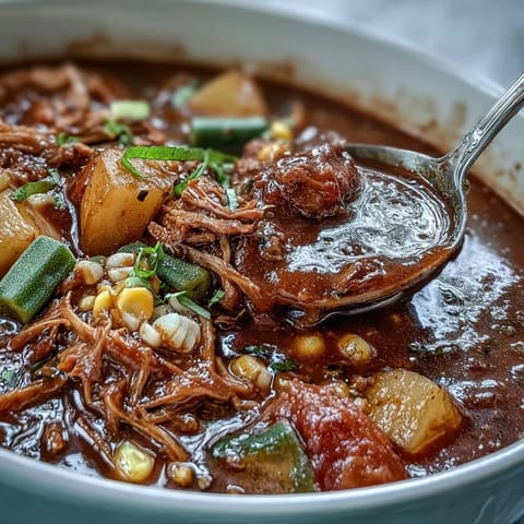 Hearty Kentucky Derby Burgoo Stew simmering with tender beef, pork, and chicken in a savory Southern broth.