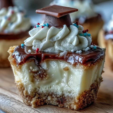 Creamy graduation cheesecake bites with buttery graham cracker crust, topped with whipped cream and festive sprinkles for a celebratory dessert.