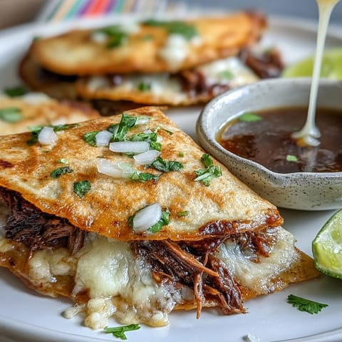 Crispy quesadillas stuffed with tender birria beef and melty cheese, served with a rich, spicy consommé dip for Cinco de Mayo.