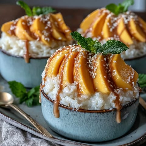 Mango Sticky Rice Cups with Coconut Sauce and Fresh Mango Slices  