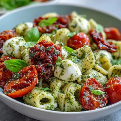 Caprese Pasta Salad with Pesto and Mozzarella Pearls, vibrant with garden tomatoes and creamy cheese.
