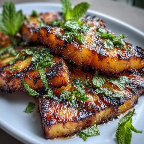 Sweet, grilled pineapple spears glistening with melted yuzu kosho butter, ready to serve.