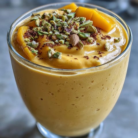 Creamy Mango Lassi Smoothie with cardamom, a refreshing Indian drink.