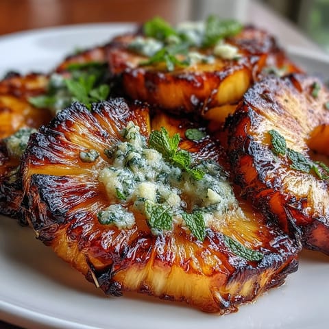 Caramelized grilled pineapple with spicy citrus butter, a vibrant tropical dessert.