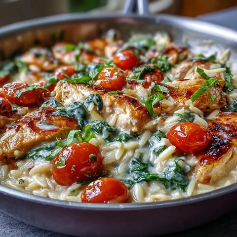 Hearty One-Pan Creamy Chicken Orzo, finished with wilting spinach and creamy sauce.