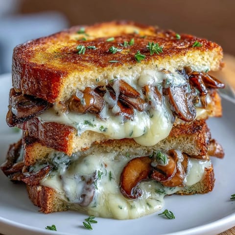 Golden brown Mushroom Swiss Grilled Cheese with melted gooey cheese.