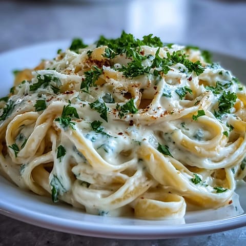 Close-up of creamy fettuccine in Alfredo sauce with fresh parsley garnish.