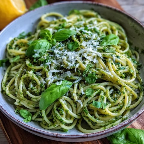 Freshly tossed lemon pesto pasta, garnished with Parmesan and lemon zest.