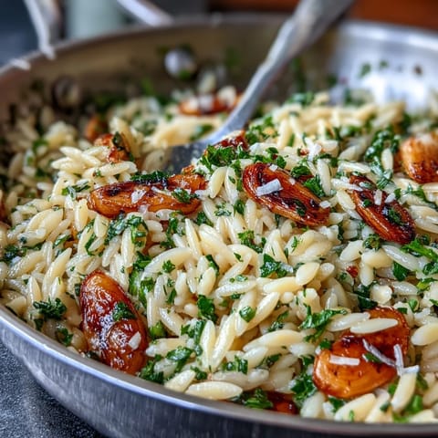 Herb-Roasted Garlic Orzo with sweet garlic and fresh herbs, a flavorful Mediterranean side.