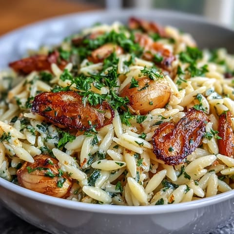 Tender orzo pasta baked with golden roasted garlic and aromatic herbs, ready to serve.