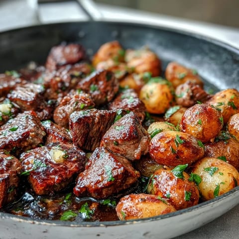 Golden garlic butter steak bites with crispy roasted potatoes.