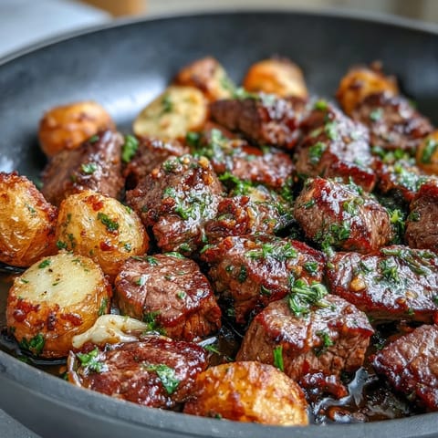 Juicy steak bites glistening in rich garlic butter sauce, perfect for dinner.