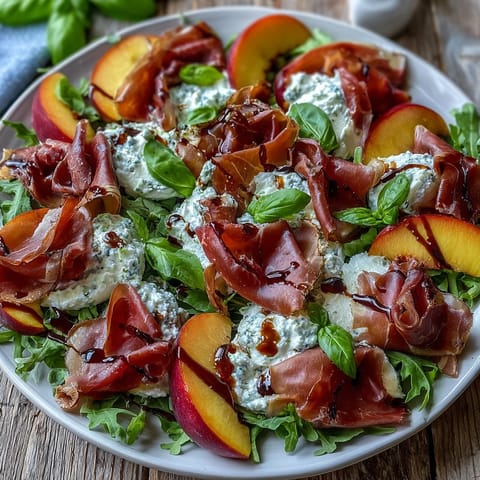 Vibrant Peach Burrata Prosciutto Salad, a fresh mix of creamy burrata and sweet peaches.