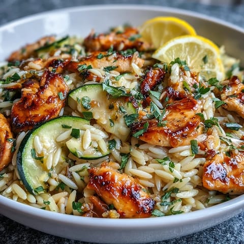 Tender chicken and zucchini nestled in orzo with zesty lemon, easy one-pan meal.