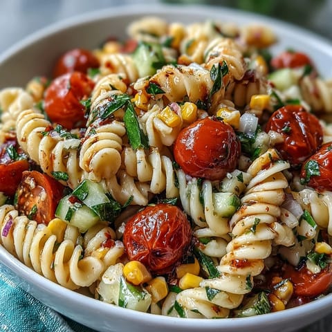 Vibrant Summer Corn and Tomato Pasta Salad bursting with fresh, colorful ingredients.