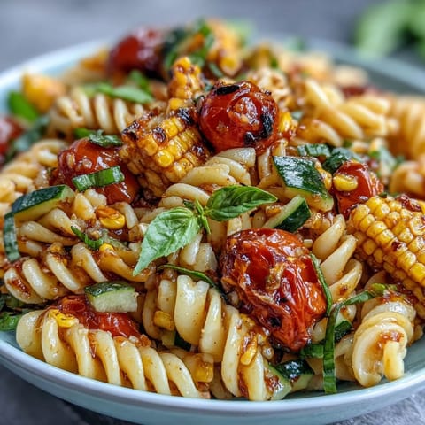 Juicy cherry tomatoes and sweet corn highlight this zesty pasta salad.