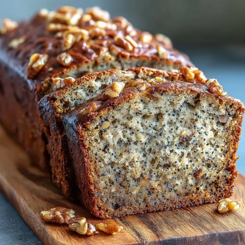 Moist black sesame banana bread topped with nutty seeds, ready for slicing.
