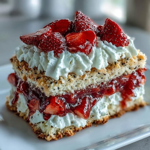 Juicy strawberries crown fluffy Strawberry Black Sesame Shortcake with creamy swirls.