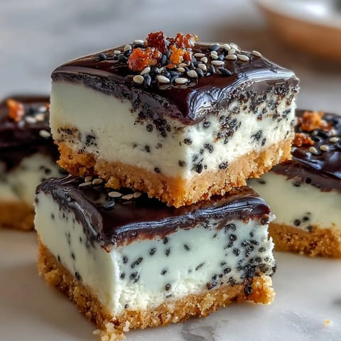 Decadent black sesame cheesecake bars, creamy and nutty, topped with seeds.