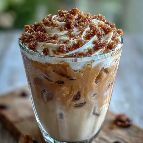 Creamy peach cobbler cold foam crowns sweet iced chai for a delicious treat.