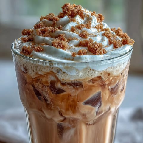 Iced chai topped with dreamy peach cobbler cold foam, a perfect summer drink.