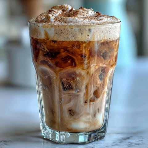 Iced Brown Sugar Hojicha Cold Foam Coffee, a nutty, sweet, refreshing beverage.