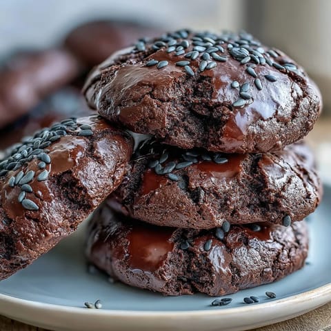 Fudgy black sesame brownie cookies with nutty cracks, ready to enjoy.