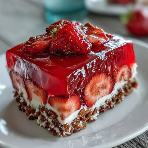 Strawberry Pretzel Jello Salad: sweet and tangy layers on a crunchy pretzel base.