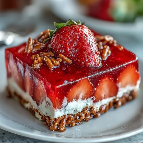 A beautiful Strawberry Pretzel Jello Salad, vibrant and ready for serving.