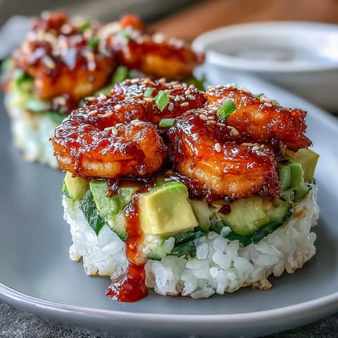 Deconstructed spicy shrimp sushi stack, ready to be enjoyed with a spicy mayo drizzle.