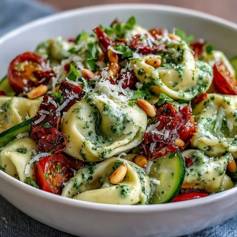 Vibrant Creamy Pesto Tortellini Picnic Salad loaded with fresh veggies, perfect for summer.