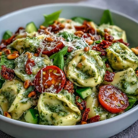 Deliciously chilled Creamy Pesto Tortellini Picnic Salad featuring cheese tortellini and bright sun-dried tomatoes.