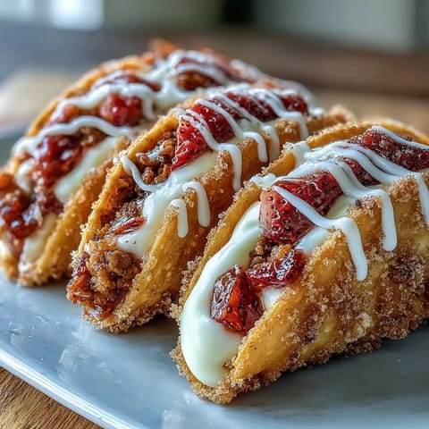Creamy Strawberry Crunch Cheesecake Tacos ready to devour with sweet, crispy shells.