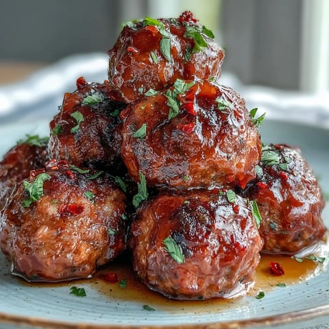 Juicy hot honey peach meatballs glistening in a sweet and spicy glaze.