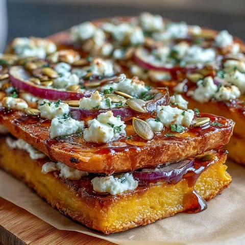 Golden roasted pumpkin flatbread with melty cheese, topped with hot honey drizzle.