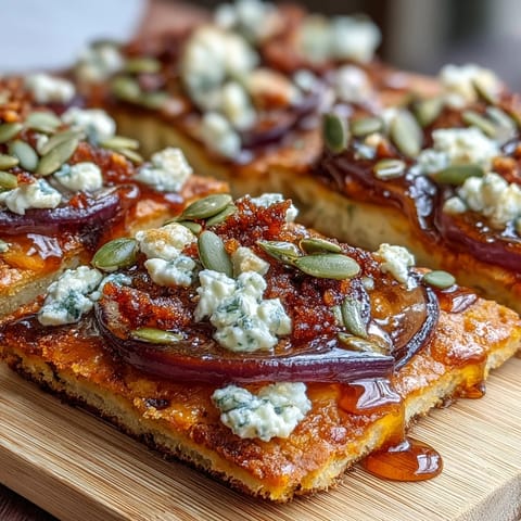 Savory hot honey pumpkin flatbread, a delicious appetizer with creamy pumpkin and feta.