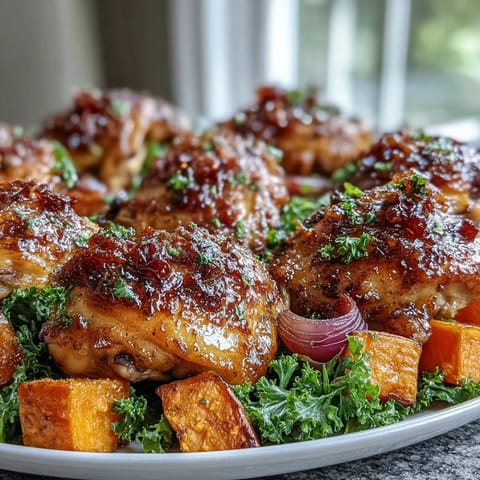 Tender Maple Dijon Chicken and Sweet Potato Sheet Pan with roasted vegetables.