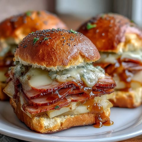 Golden baked Pear Ham and Cheese Lunchbox Sliders with melted Swiss cheese.
