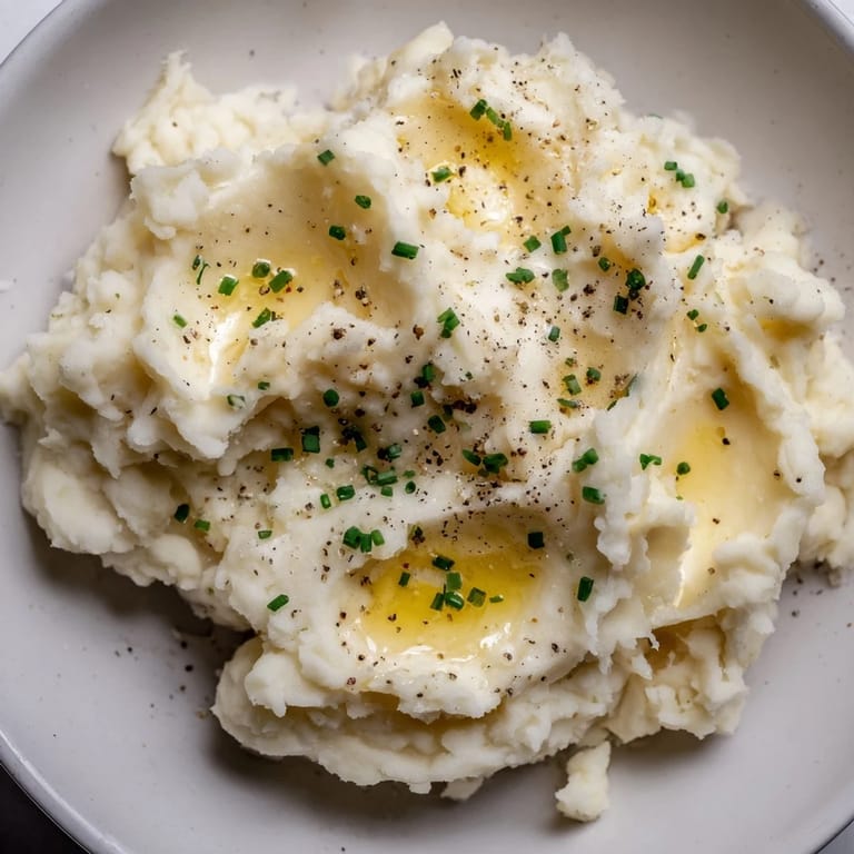 Close-up of fluffy Mashed Potatoes being mashed with butter and milk, capturing the steamy, comforting texture for a cozy dinner.