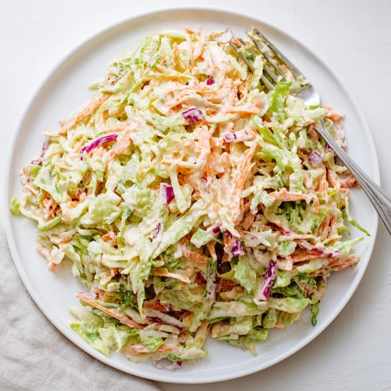 Classic American Coleslaw with crunchy cabbage and carrots, ready for sandwiches or picnics, looking crisp and inviting.