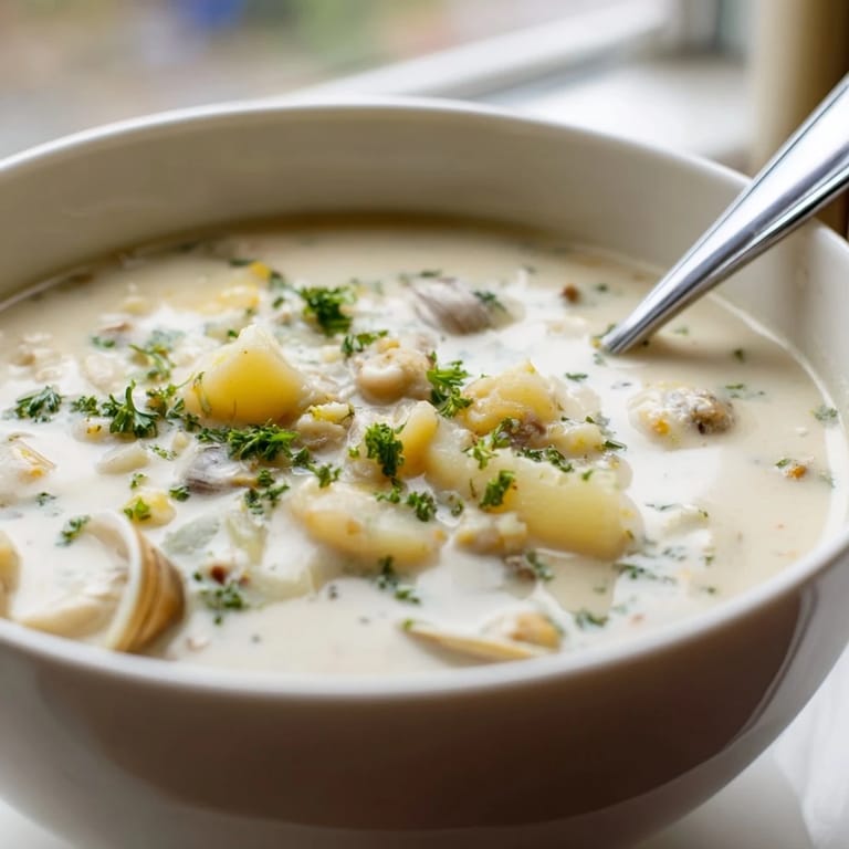 Hearty Clam Chowder featuring diced potatoes and celery in a rich, savory broth.