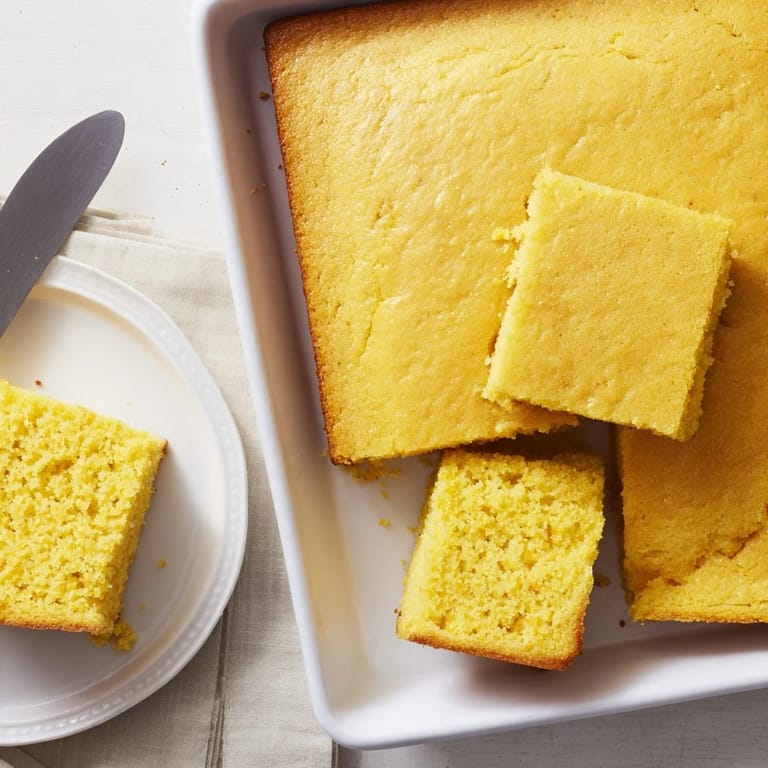 Homemade Cornbread with a crisp golden crust, sliced into squares and served warm from the oven with fresh herbs on a wooden board.