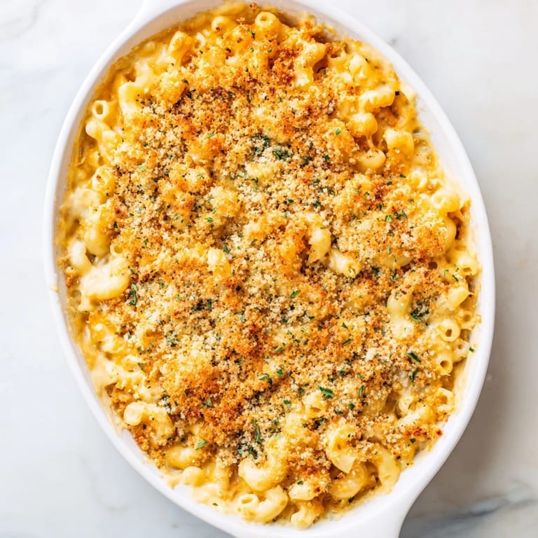 Freshly prepared creamy macaroni and cheese in a skillet, garnished with parsley and served warm.