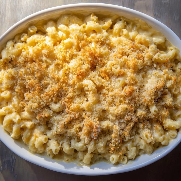 A close-up of homemade macaroni and cheese, showing rich sauce and golden baked top on a plate.