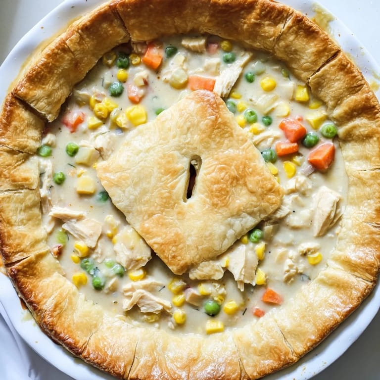 Freshly baked Chicken Pot Pie with a bubbly filling and golden egg-washed crust, ready to slice on a dinner table.