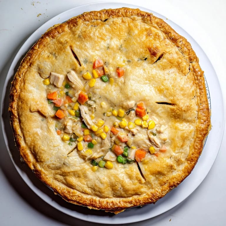 Rustic Chicken Pot Pie in a ceramic dish, featuring tender chicken and veggies beneath a perfectly browned, flaky pastry lid.