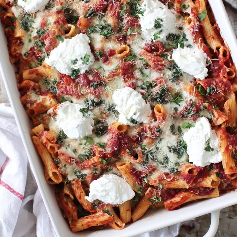 Steaming Baked Ziti in a baking dish, featuring ziti pasta, red tomato sauce, and gooey mozzarella, perfect for dinner.