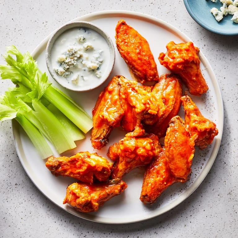 Buffalo wings glazed with buttery hot sauce paired with blue cheese dip and fresh celery sticks.