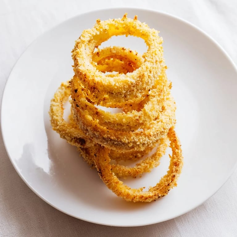 Homemade Onion Rings showing a cross-section of sweet onion inside a crunchy, golden-brown crust.