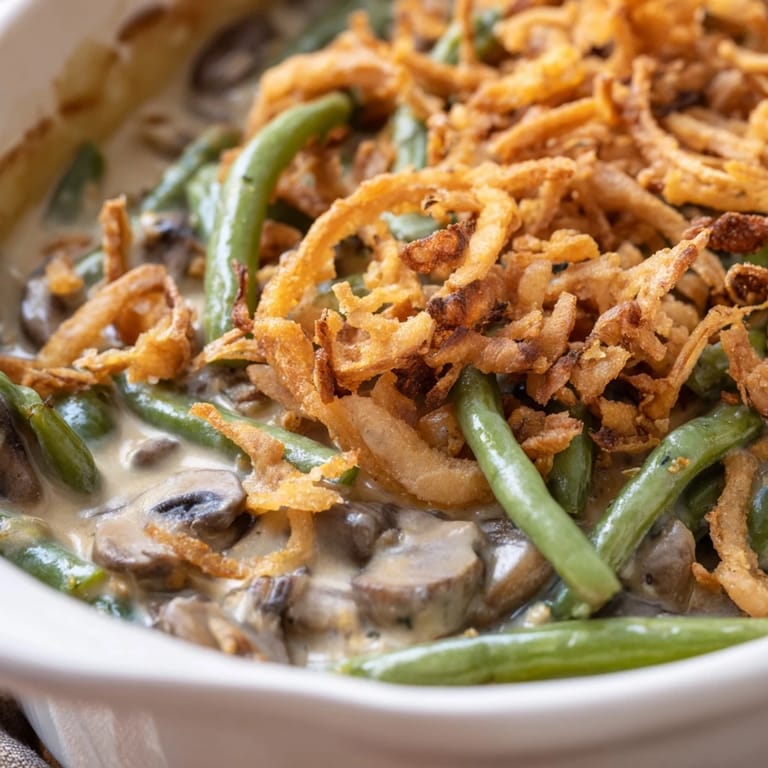 Tender green beans tossed in a creamy mushroom sauce, a classic vegetarian American side dish.